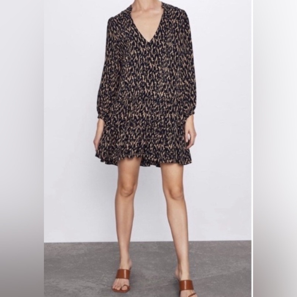 Zara The Claris Dress Leopard Print Black Tan - Women’s Babydoll Ruffle Large